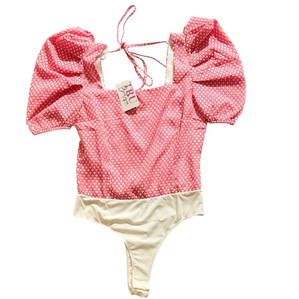 TCEC boutique brand women's Addy pink puff sleeve ruffle bodysuit NWT coquette M